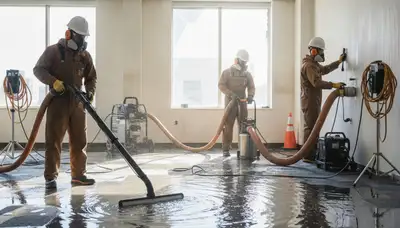 Commercial water damage restoration crew in Santa Rosa, CA removing floodwater and drying property