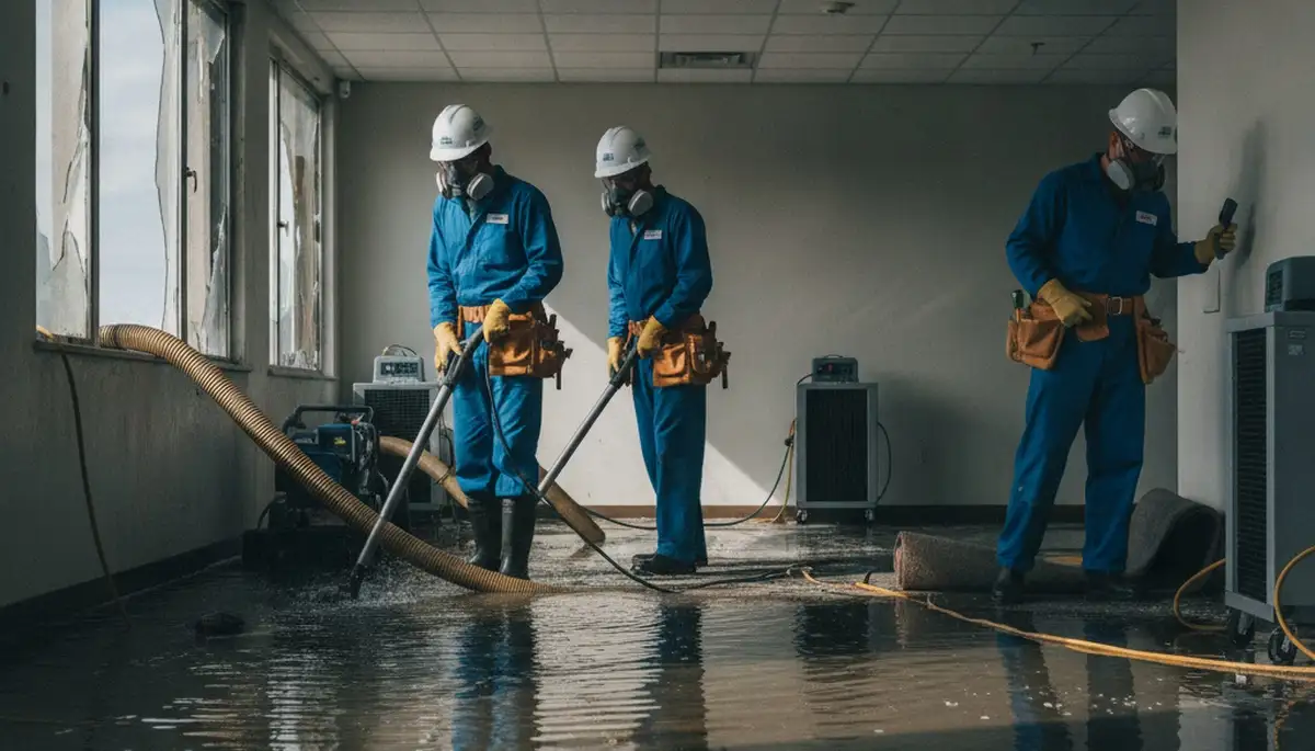 Commercial water damage restoration crew in Santa Rosa, CA removing flood damage and drying property