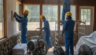 Water damage restoration team in Santa Rosa, CA inspecting and drying a damaged property