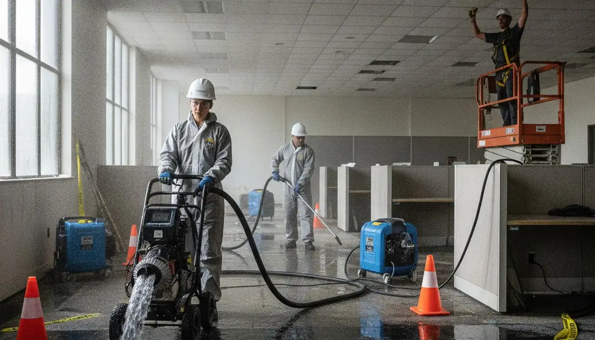 Water extraction crew removing floodwater from a Santa Rosa, CA home after water damage